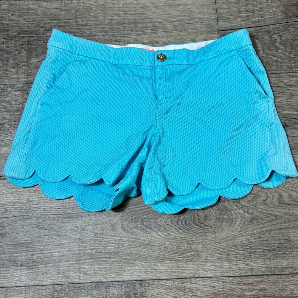Lilly Pulitzer Buttercup Scalloped Knit Shorts Blue Textured Hem